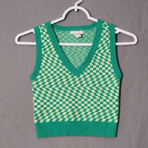 FULL TILT Wavy Checkerboard Womens Vest Size XS Green Pastel Yellow Y2K Punk - Picture 7 of 9